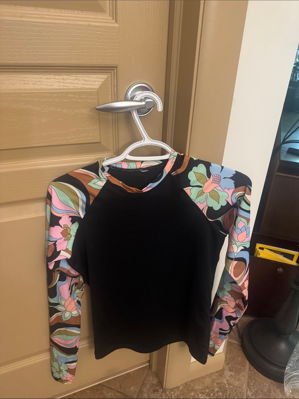 Billabong Black Long-Sleeve Rash Guard with Multicolor Floral Sleeves
